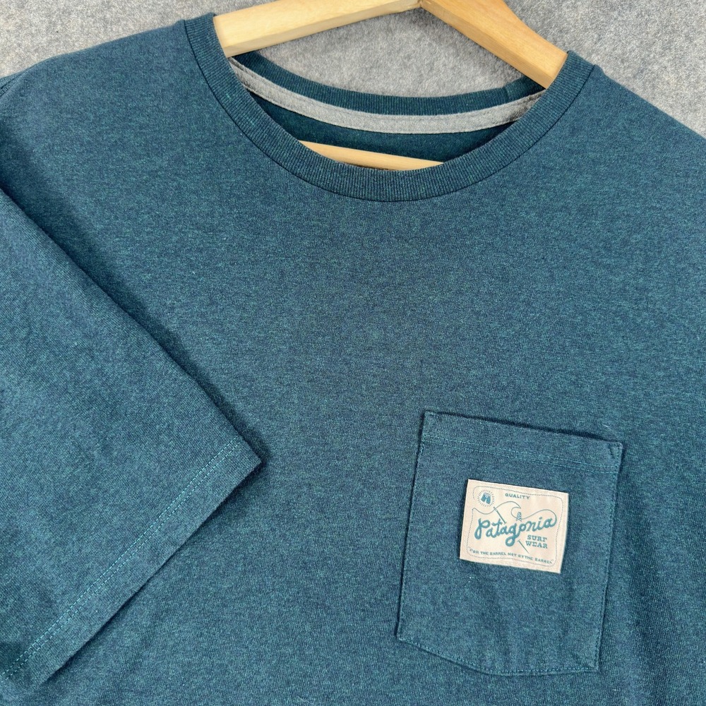 Patagonia Surf Wear Shirt Mens Large Blue Responsibili-Tee Pocket Graphic Tee